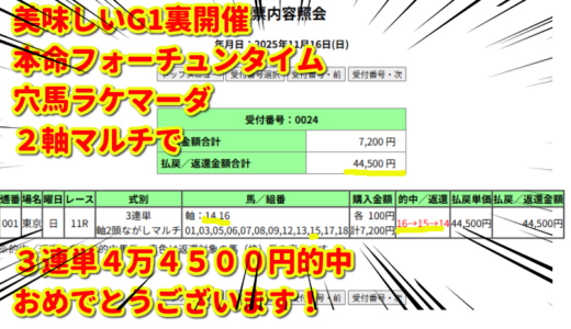 美味しいG1裏開催オーロカップ的中